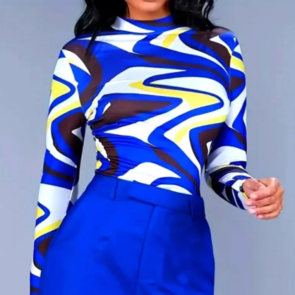 Multi Color Mock Neck Long Sleeve Stretch Top Size Large New NWOT